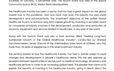 BAIDURI CAPITAL LAUNCHES THE UNITED GLOBAL HEALTHCARE FUND WITH UOB ASSET MANAGEMENT