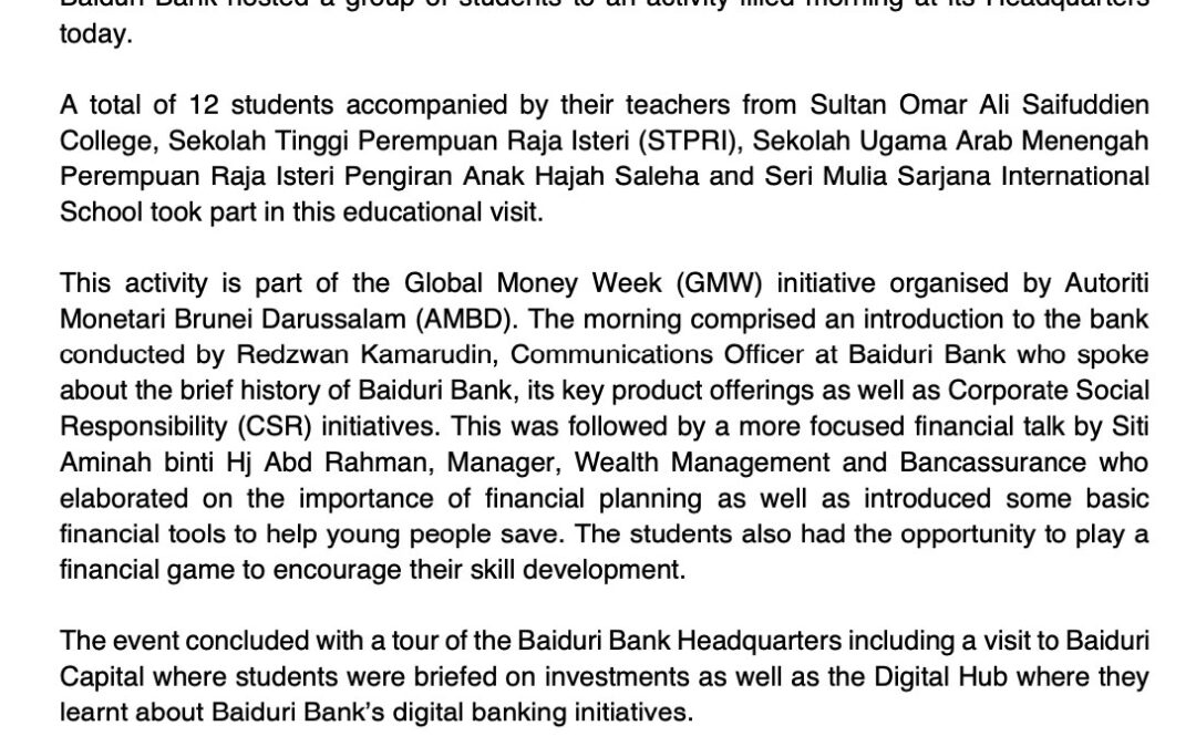 BBB – 5 Apr 2021 – Baiduri Bank hosts students for Global Money Week 2021