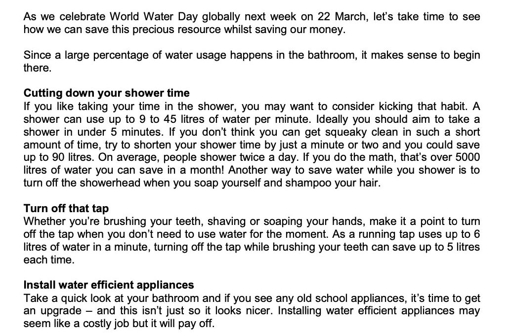 SCB – 18 March – Save water save money
