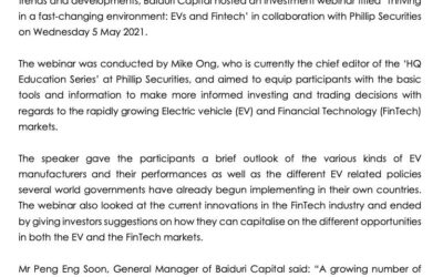 BBB 11052021 BAIDURI CAPITAL HOSTS WEBINAR WITH PHILLIP SECURITIES ABOUT FINTECH AND ELECTRIC VEHICLES