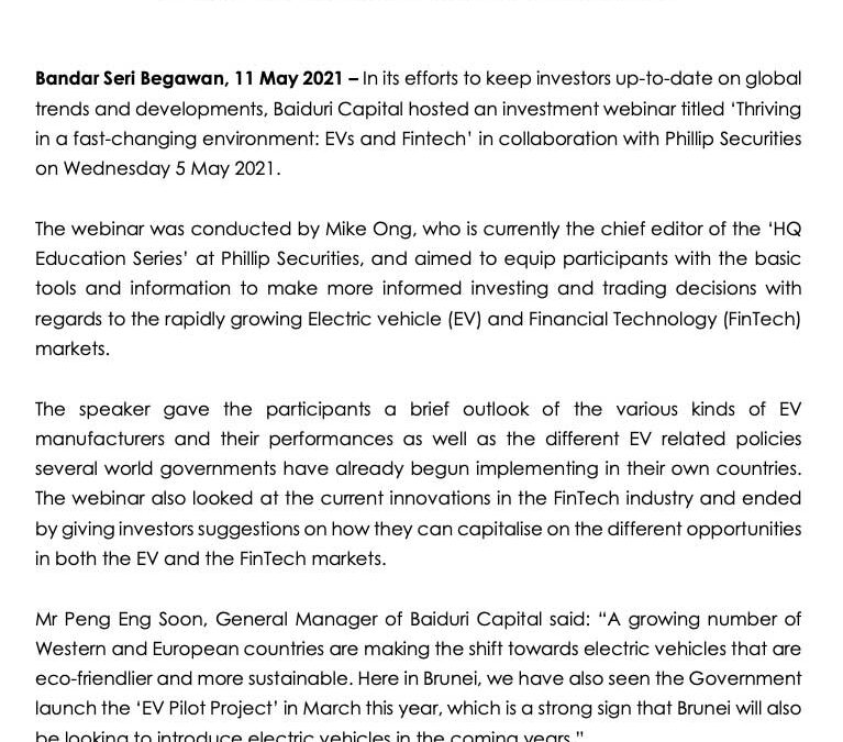 BBB 11052021 BAIDURI CAPITAL HOSTS WEBINAR WITH PHILLIP SECURITIES ABOUT FINTECH AND ELECTRIC VEHICLES