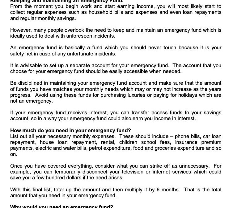 MONEY MATTER$ – FINANCIAL EMERGENCIES MAINTAINING AN EMERGENCY FUND – SCB