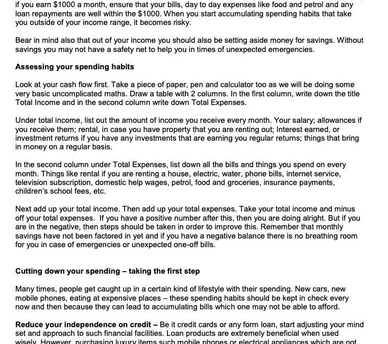 MONEY MATTER$ – ARE YOU LIVING WITHIN YOUR MEANS – SCB 15 July 2021