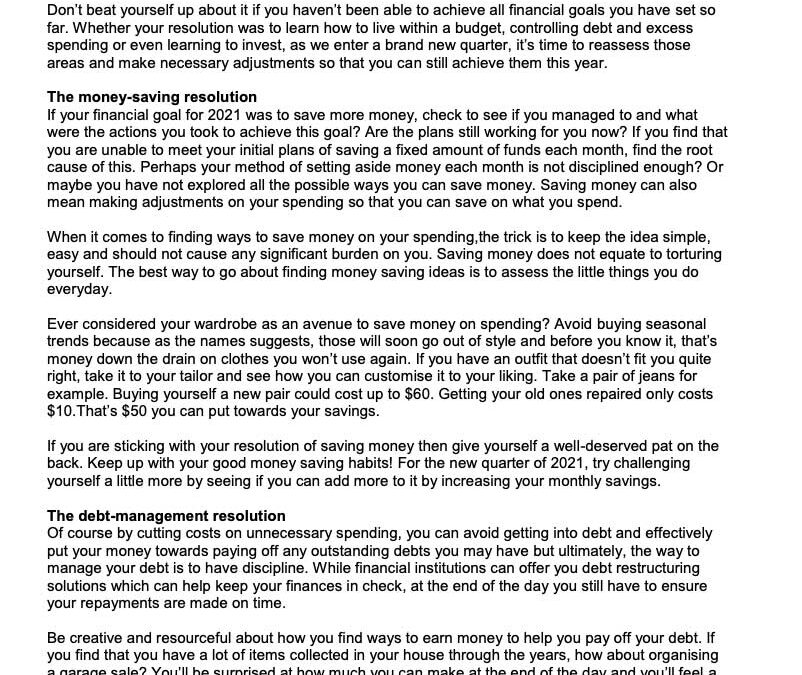 MONEY MATTER$ – CHECKING UP ON FINANCIAL RESOLUTION – SCB 17 June 2021