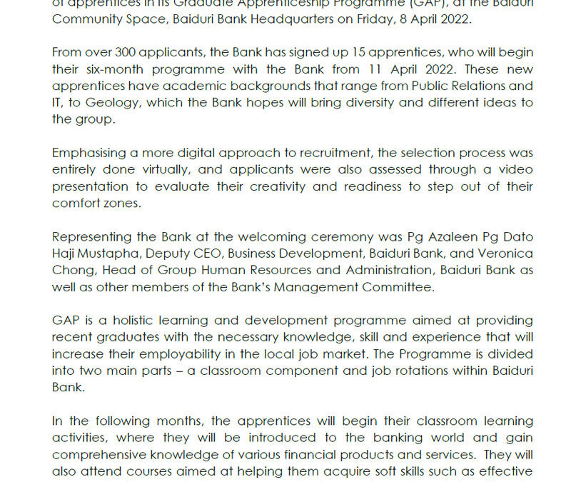 BAIDURI BANK SIGNS 15 APPRENTICES IN SECOND CYCLE OF GRADUATE APPRENTICESHIP PROGRAMME