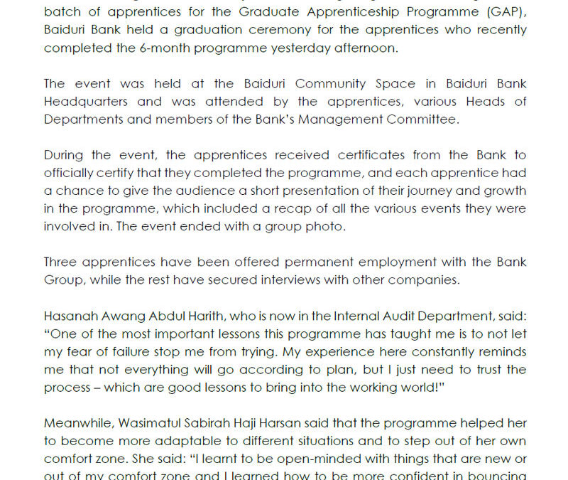 BAIDURI BANK HOLDS GRADUATION CEREMONY FOR FIRST BATCH OF APPRENTICES