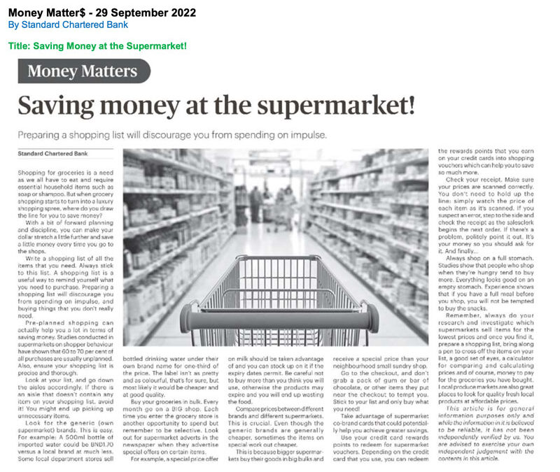 SCB – Money Matter$ – 29 Sep 2022 – Saving Money at the Supermarket!