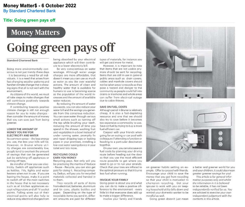 SCB – Money Matter$ –  6 Oct 2022 – Going green pays off
