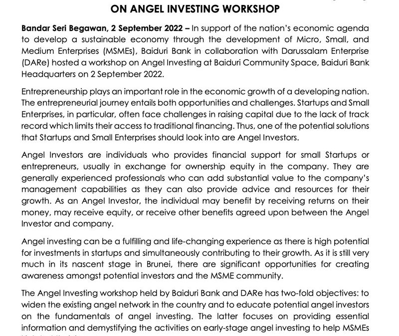 BB 2 Sept 2022 – Joint Press Release – Angel Investing Workshop