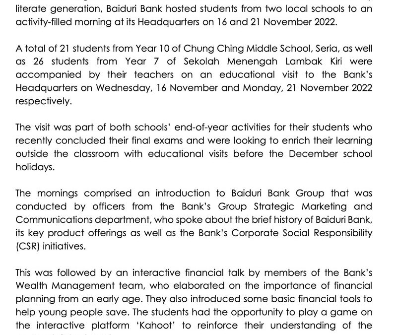 BB 23 Nov 2022 – Baiduri Bank hosts school visit