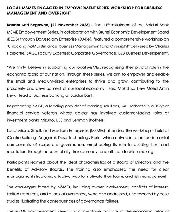 BBB 22 Nov’23 – Local MSMEs engaged in Empowerment Series Workshop