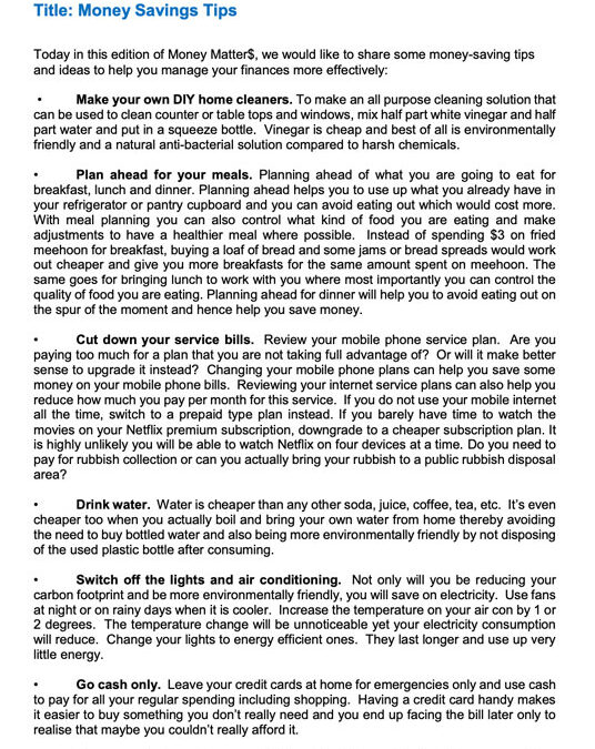 Money Matter$ – 12Oct’23 – Money Savings Tips
