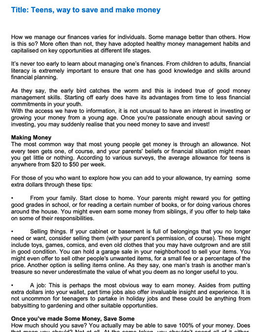 Money Matter$ – 29Feb’24 – Teens, way to save and make money