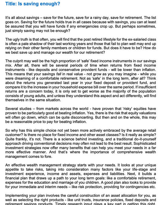 Money Matter$ – 5Oct’23 – Is Saving Enough