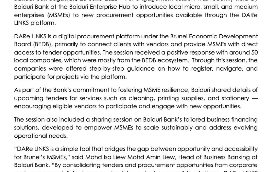 Baiduri 25 June 2025 – Baiduri Bank Collaborates with BEDB to Expand Business Opportunities for MSMEs via DARe LINKS