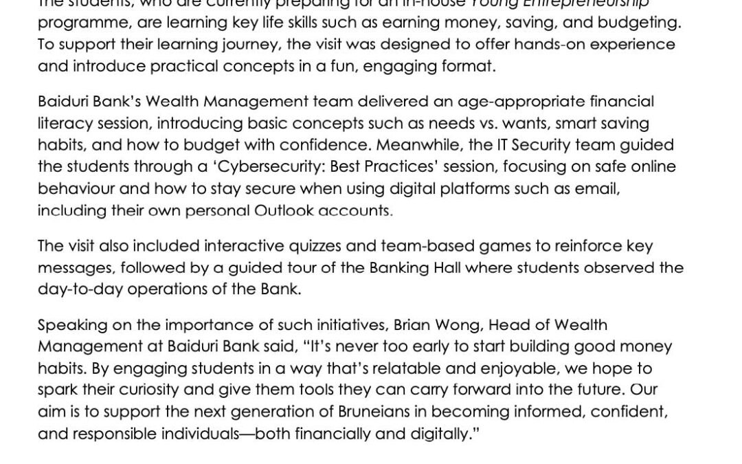 Baiduri 28 Apr 2025 -BAIDURI BANK WELCOMES BUDDING STUDENT ENTREPRENEURS FOR EDUCATIONAL VISIT