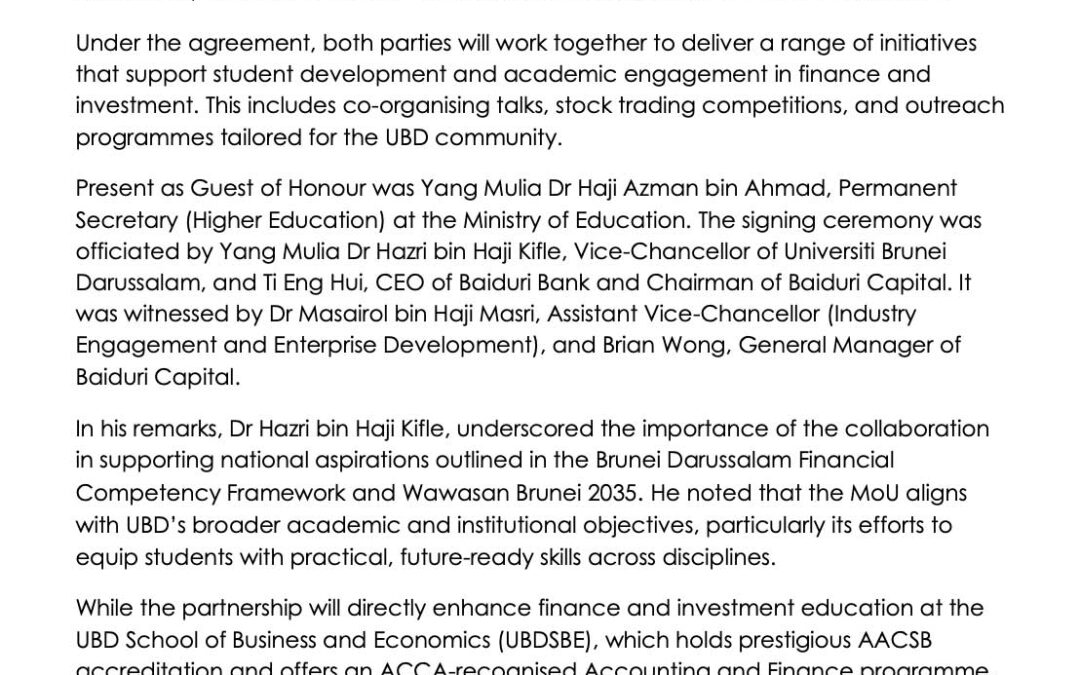 Baiduri 7 July 2025 – BAIDURI CAPITAL AND UBD SIGN MOU TO IMPROVE INVESTMENT LITERACY AND FINANCIAL EDUCATION