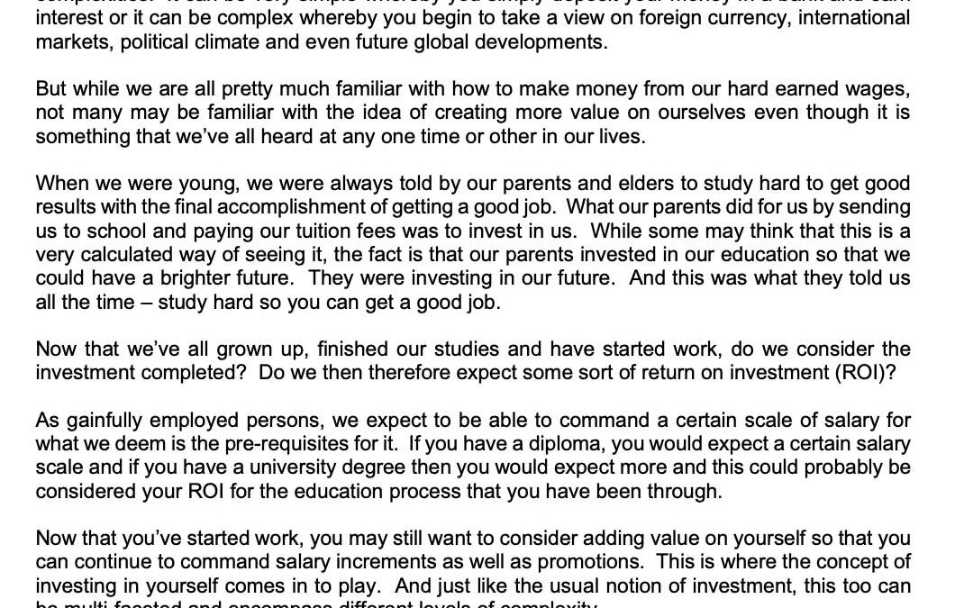 Money Matter$ – 10 Apr – Invest in yourself