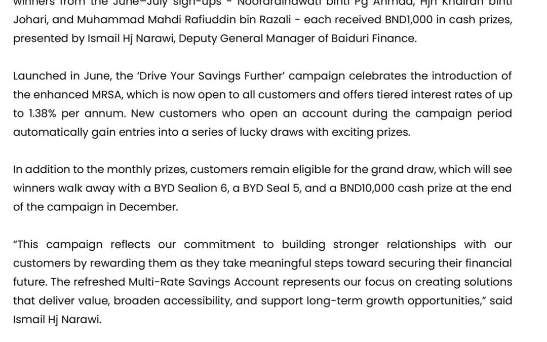 BBB 22 Aug 2025 – BAIDURI FINANCE REWARDS FIRST DRIVE YOUR SAVINGS FURTHER WINNERS