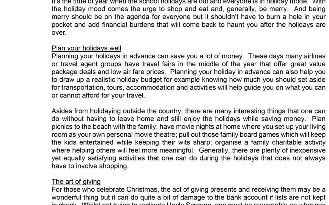 Money Matter$ – 4 Dec – Year End Festive Savings