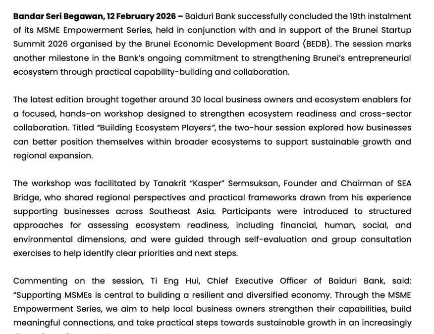 BBB 12 Feb 2026 – BAIDURI BANK ADVANCES MSME CAPABILITY BUILDING WITH 19TH MSME EMPOWERMENT SERIES