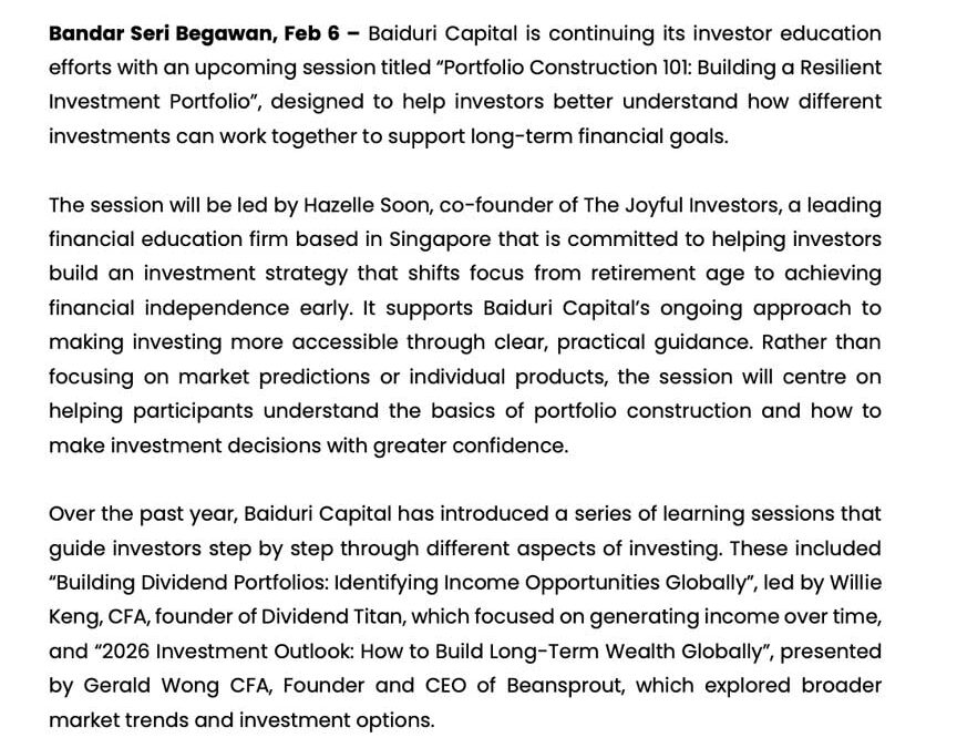 BBB 6 Feb 2026 – BAIDURI CAPITAL HELPS INVESTORS BUILD CONFIDENCE WITH PRACTICAL PORTFOLIO CONSTRUCTION SESSION