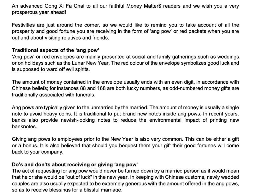 Money Matter$ – 12 Feb 2026 – Save your Ang Pows – the traditions behind the red envelope