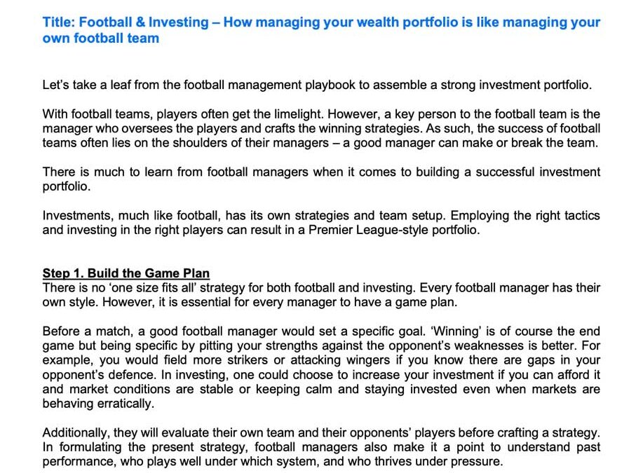 Money Matter$ – 12 March – Football & Investing – How managing your wealth portfolio is like managing your own football team