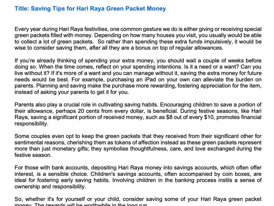 Money Matter$ – 19 March – Saving Tips for Hari Raya Green Packet Money