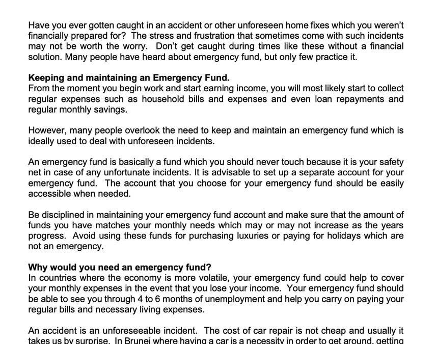 Money Matter$ – 4 June – Maintaining an Emergency Fund
