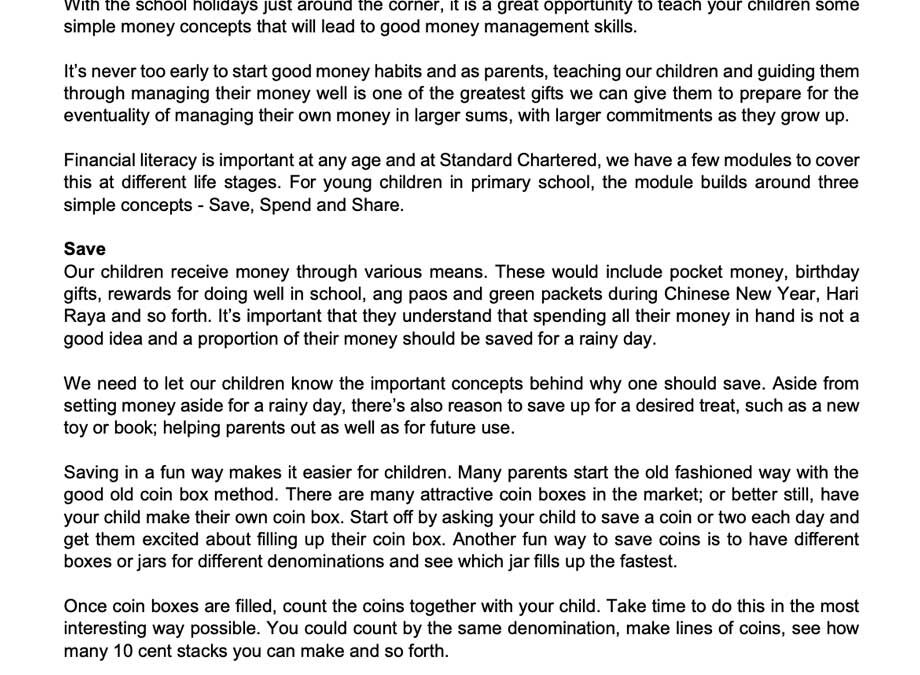 Money Matter$ – 6 Aug – Teaching Your Children to Save, Spend and Share